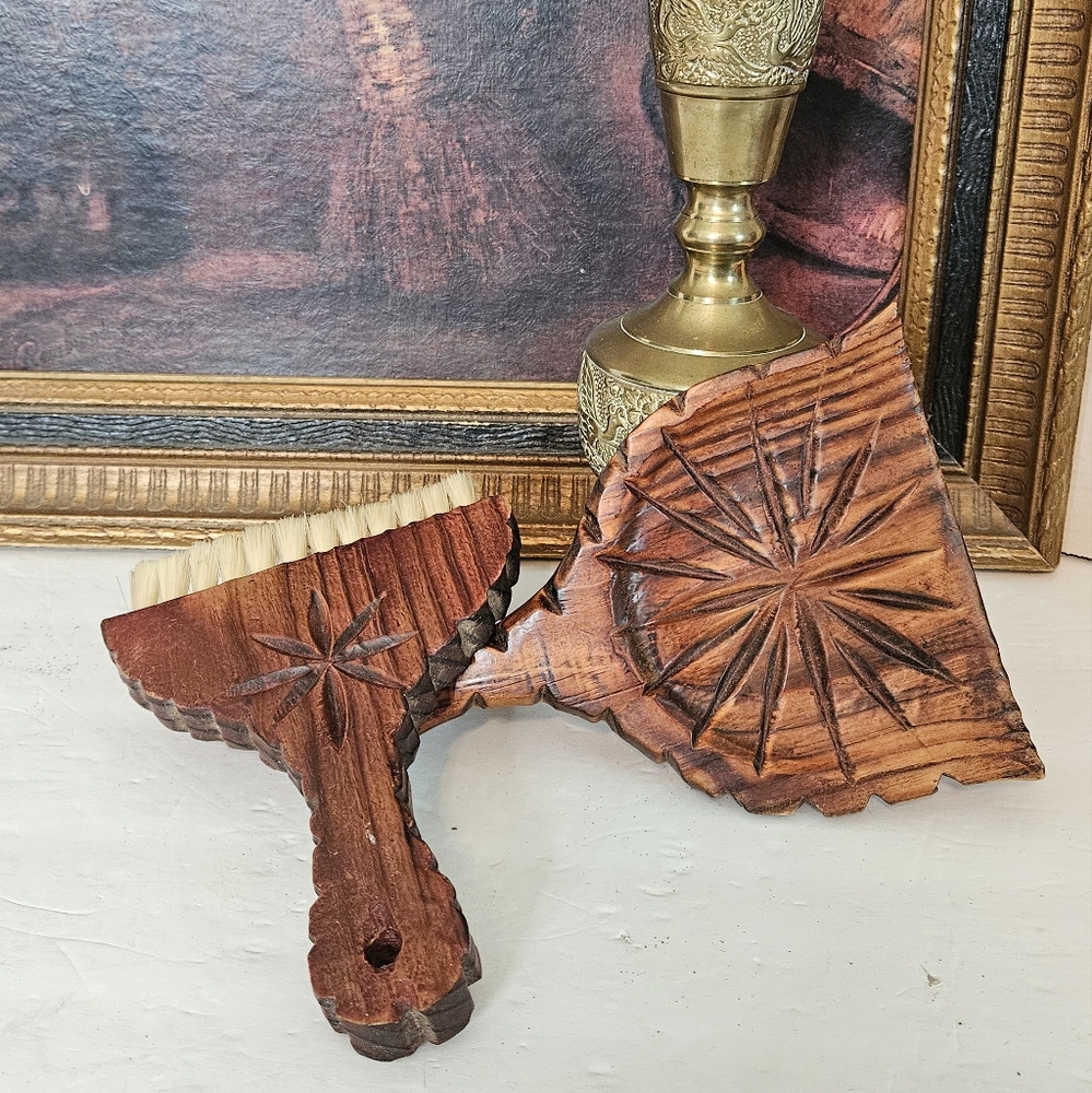 Intricately Carved Wooden Crumb Removal Brush & Tray Dining Table Set